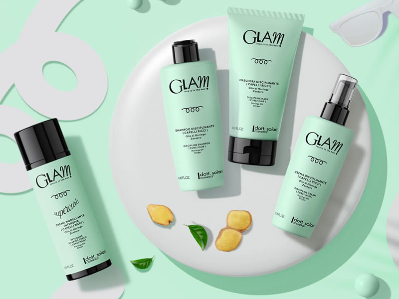 Линия ухода за волосами Glam: шампунь, маска, крем для кудрявых волос. Продукты для дисциплины и укладки, с маслом моринги и имбирем.