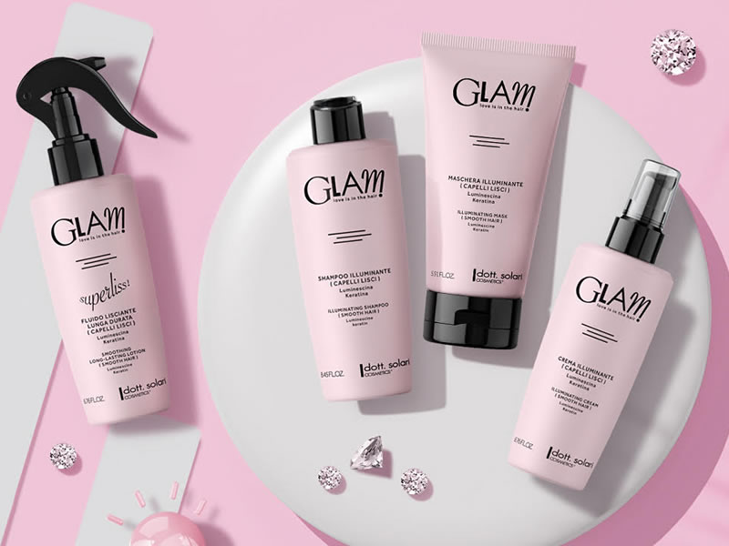 Розовая косметика Glam для волос на белом фоне. Шампунь, маска, крем, спрей. Блестящие кристаллы.