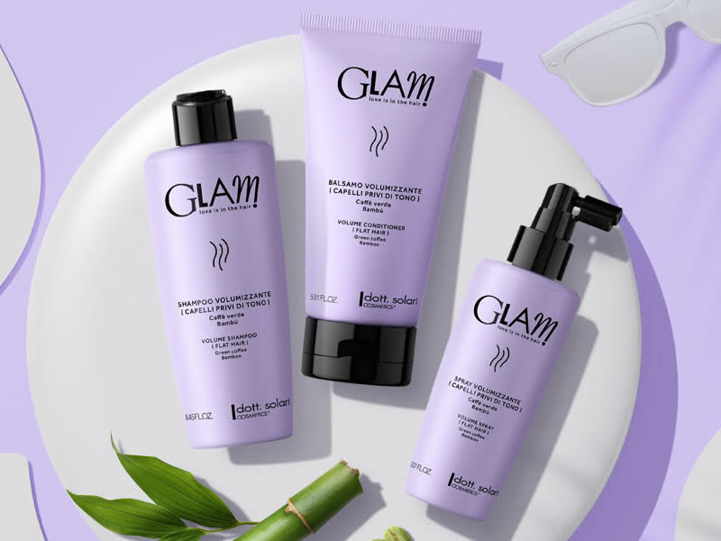 Набор косметики Glam для объема волос: шампунь, бальзам, спрей. Фиолетовые флаконы, зеленый кофе, бамбук, очки.