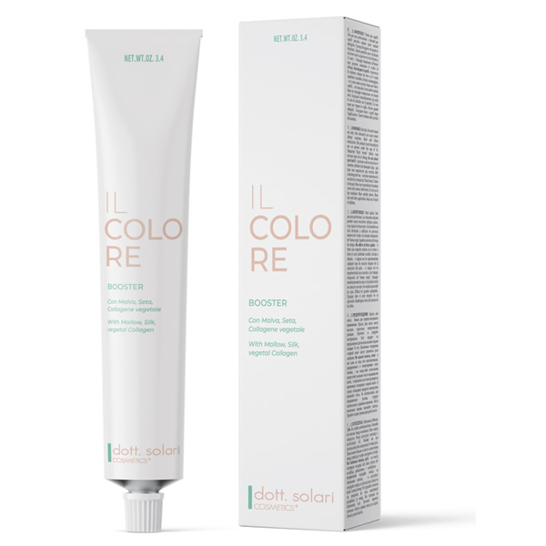 Il Colore Booster hair color product. Tube and box, natural ingredients like mallow, silk, and vegetable collagen.