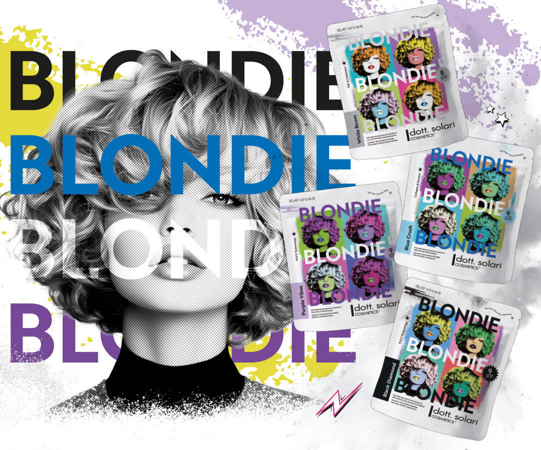Черно-белый портрет женщины с короткой стрижкой на фоне надписи BLONDIE и упаковки осветляющего порошка Dott. Solari с цветными принтами.