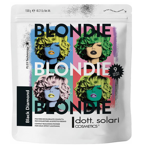 Упаковка осветляющего порошка Dott. Solari Blondie Black Diamond 1500 г с ярким поп-арт принтом женских лиц.