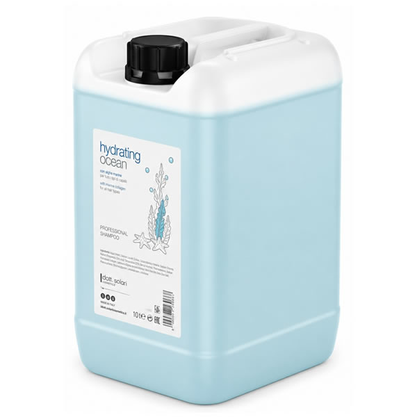 Десятилитровая канистра с голубым увлажняющим шампунем Dott. Solari Hydrating Ocean с черной крышкой и этикеткой