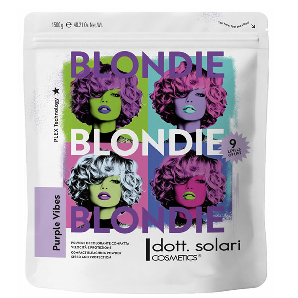 Упаковка осветляющего порошка Dott. Solari Blondie Purple Vibes с поп-арт дизайном в 1500-граммовом пакете.
