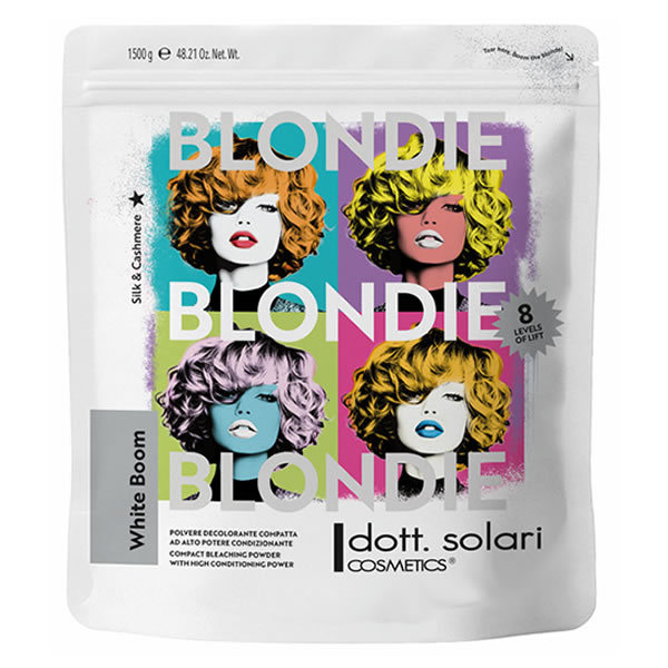 Белый пакет осветляющего порошка Dott. Solari Blondie White Boom 1500 г с поп-арт принтом женских лиц в ярких цветах.