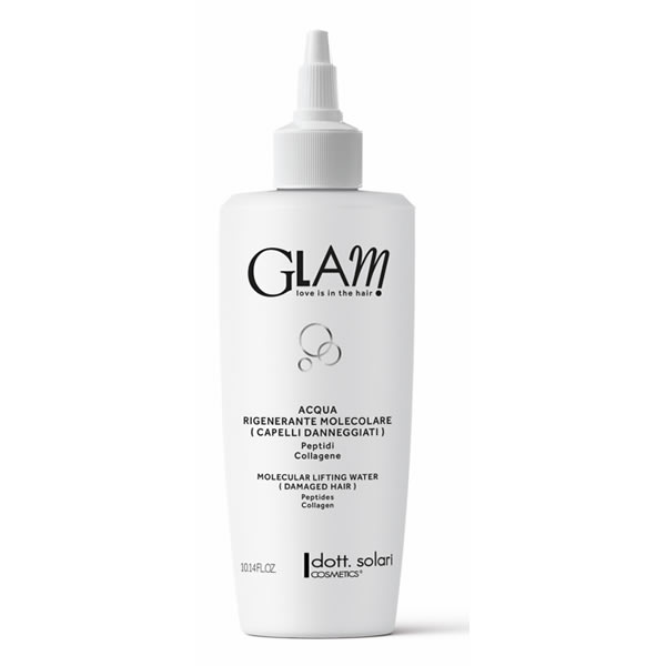 Белый флакон средства Glam Acqua Rigenerante Molecolare 300 мл с дозатором, надписями Peptidi Collagene и логотипом dott. solari
