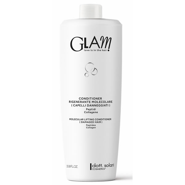Белый флакон кондиционера Glam с надписью Molecular Lifting Conditioner для поврежденных волос, 1000 мл