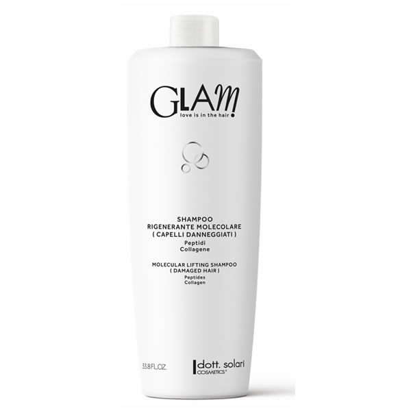 Белый флакон шампуня Glam с надписью Shampoo Rigenerante Molecolare для поврежденных волос, 1000 мл