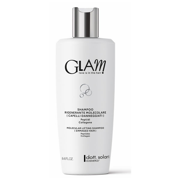 Белый флакон шампуня Glam с серебристой крышкой и надписью Shampoo Rigenerante Molecolare для поврежденных волос