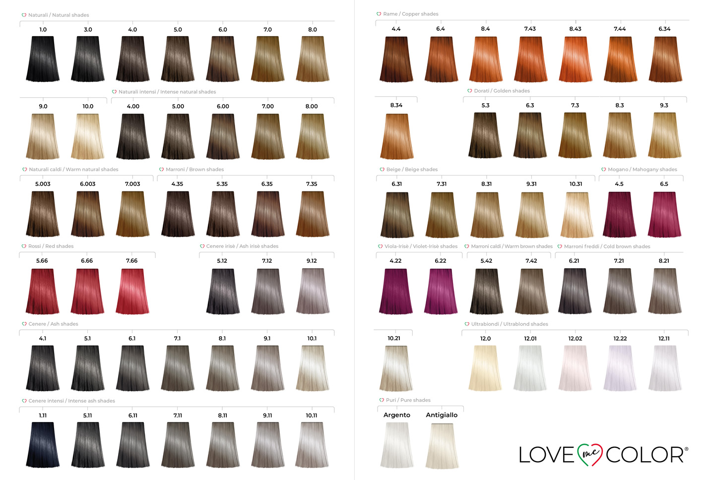 nuances love me color 26 Таблица оттенков Love Me Color с прядями волос от чёрного и коричневого до красного, фиолетового и светлого тонов